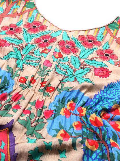 Floral Printed Hand Embroidered Kaftan Midi Dress - Cream & Multi