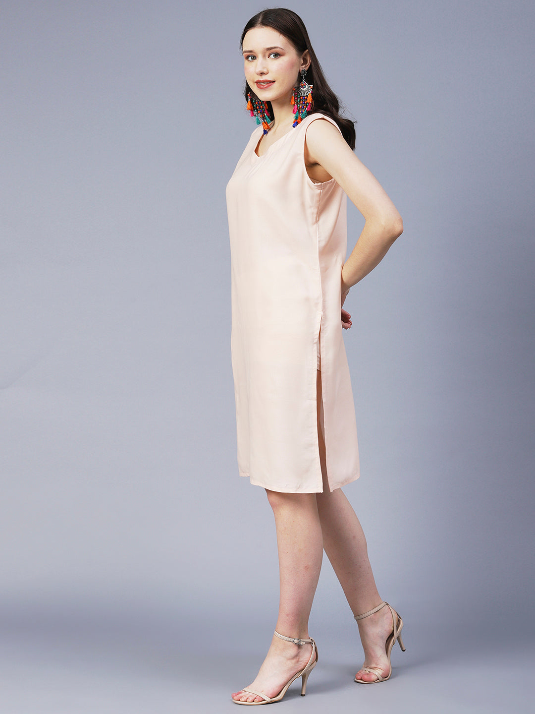 Floral Printed Hand Embroidered Kaftan Midi Dress - Cream & Multi