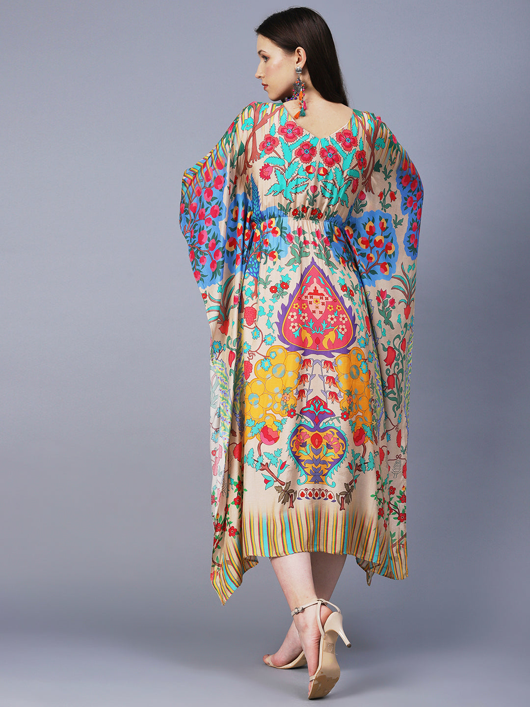 Floral Printed Hand Embroidered Kaftan Midi Dress - Cream & Multi