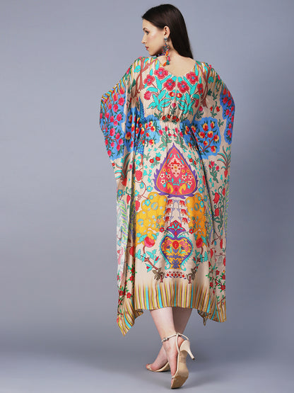 Floral Printed Hand Embroidered Kaftan Midi Dress - Cream & Multi