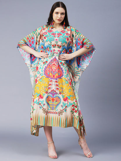 Floral Printed Hand Embroidered Kaftan Midi Dress - Cream & Multi