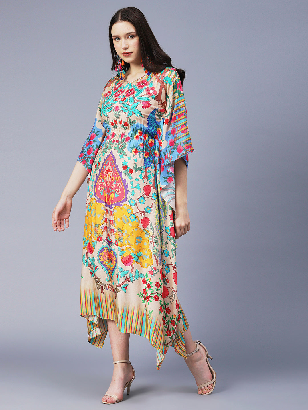Floral Printed Hand Embroidered Kaftan Midi Dress - Cream & Multi