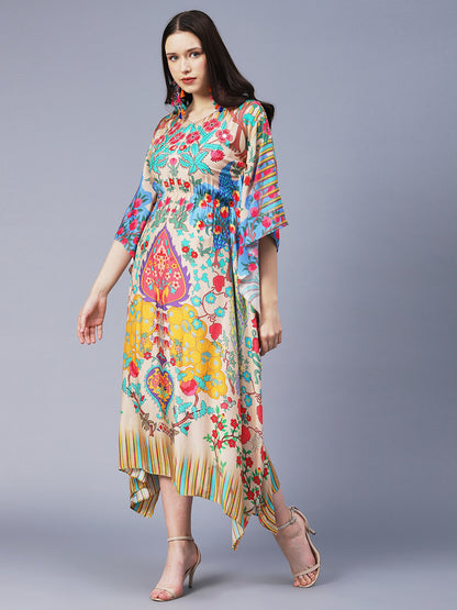 Floral Printed Hand Embroidered Kaftan Midi Dress - Cream & Multi