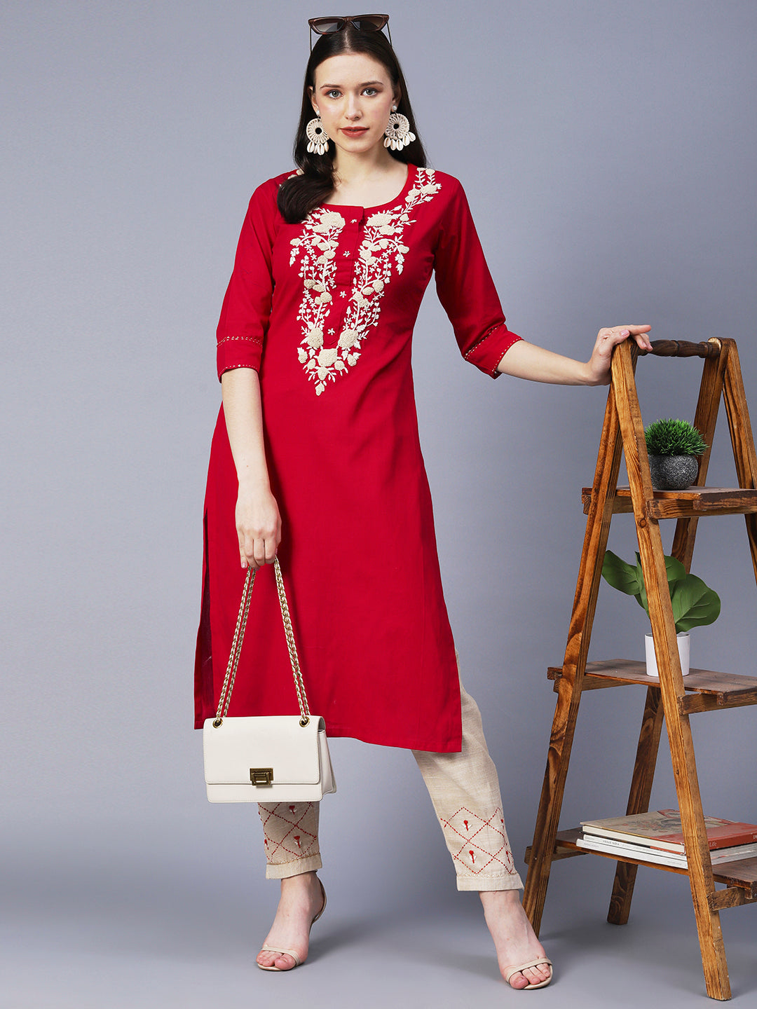 Floral Hand Embroidered Straight Fit Kurta with Pant - Red