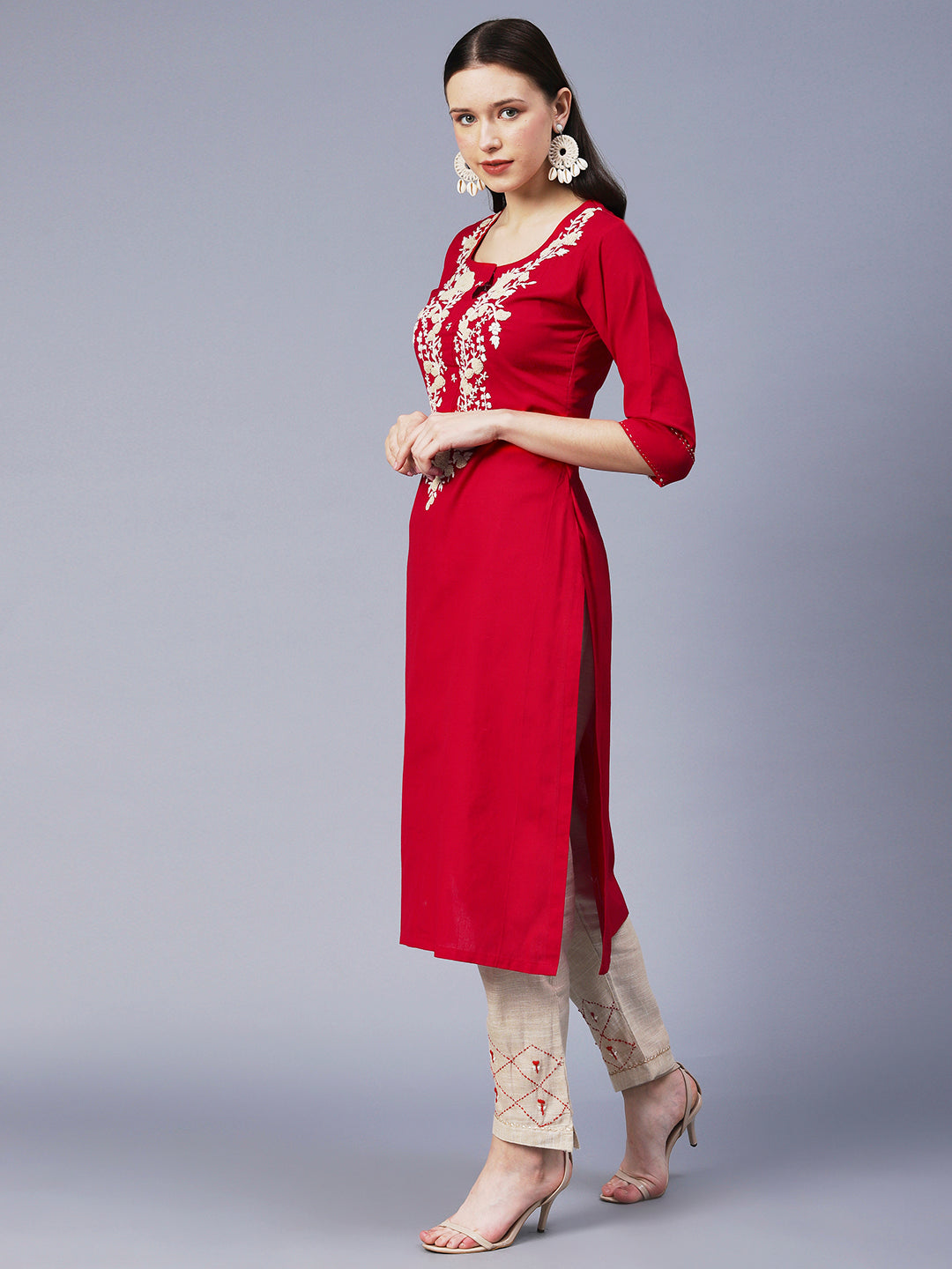 Floral Hand Embroidered Straight Fit Kurta with Pant - Red