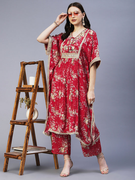 Floral Printed & Embroidered Kaftan Kurta with Palazzo - Red