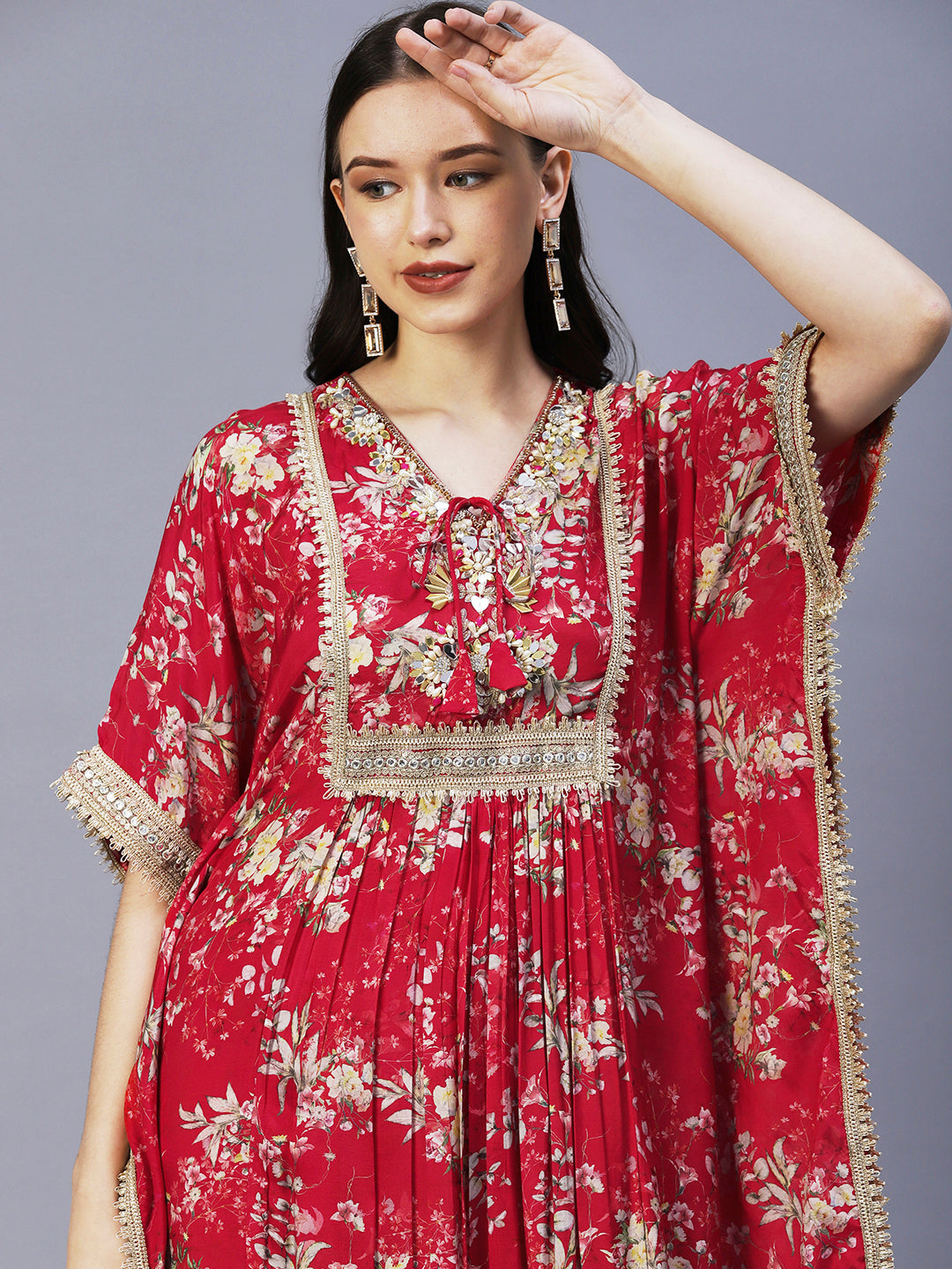 Floral Printed & Embroidered Kaftan Kurta with Palazzo - Red