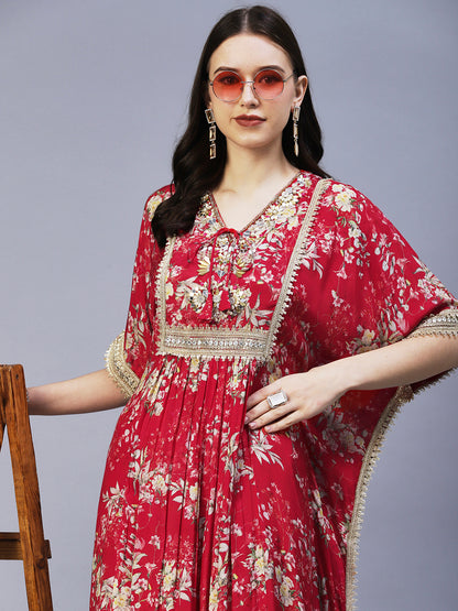 Floral Printed & Embroidered Kaftan Kurta with Palazzo - Red