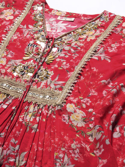 Floral Printed & Embroidered Kaftan Kurta with Palazzo - Red