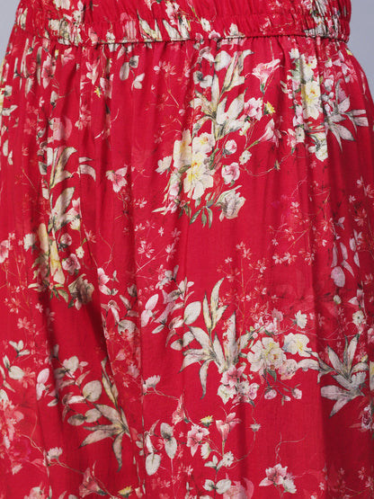 Floral Printed & Embroidered Kaftan Kurta with Palazzo - Red
