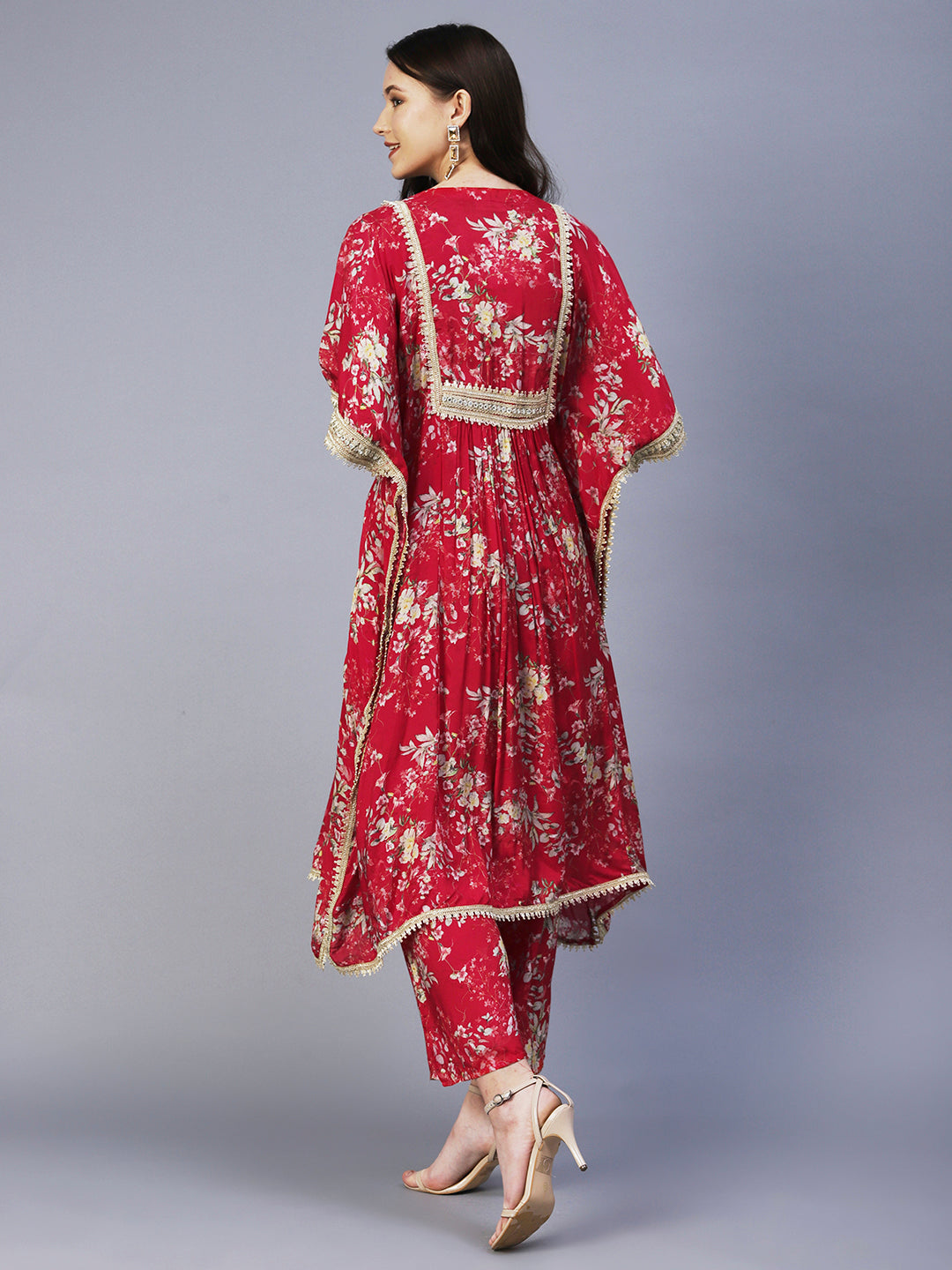 Floral Printed & Embroidered Kaftan Kurta with Palazzo - Red