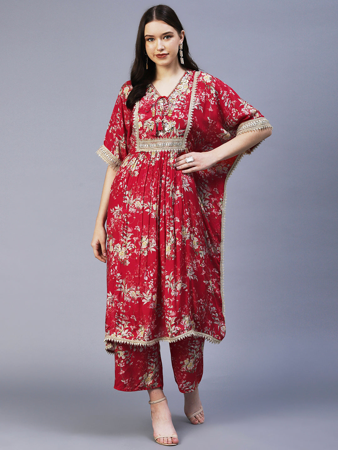 Floral Printed & Embroidered Kaftan Kurta with Palazzo - Red
