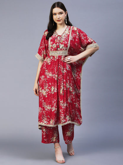 Floral Printed & Embroidered Kaftan Kurta with Palazzo - Red
