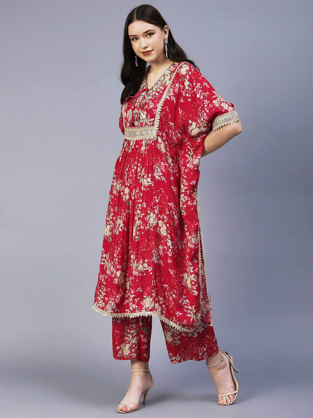Floral Printed & Embroidered Kaftan Kurta with Palazzo - Red