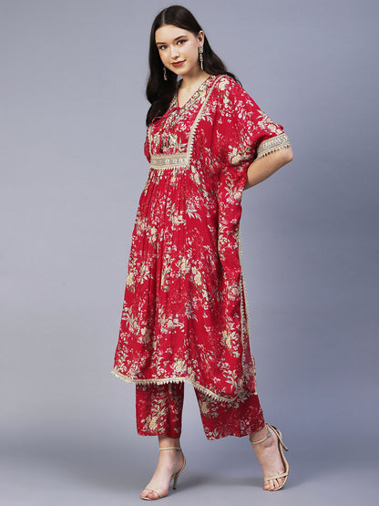 Floral Printed & Embroidered Kaftan Kurta with Palazzo - Red