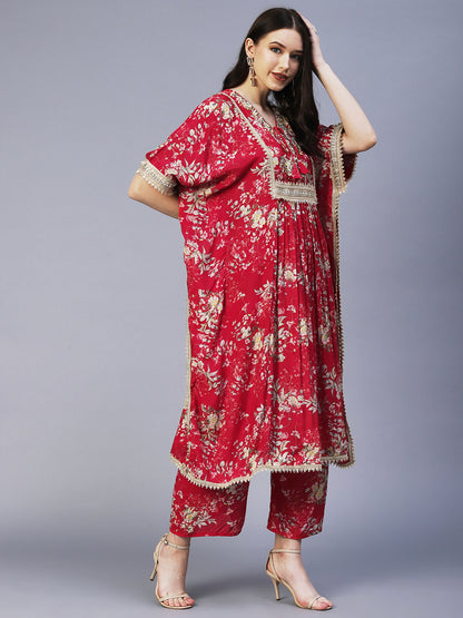 Floral Printed & Embroidered Kaftan Kurta with Palazzo - Red