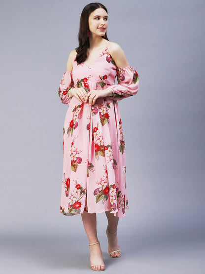 Floral Printed Off - Shoulder Pleated Fit & Flare Midi Dress - Pink