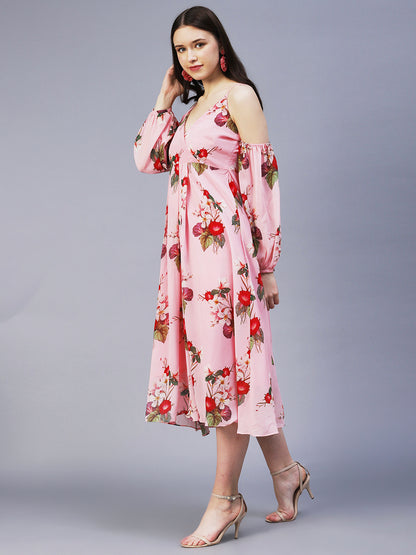 Floral Printed Off - Shoulder Pleated Fit & Flare Midi Dress - Pink