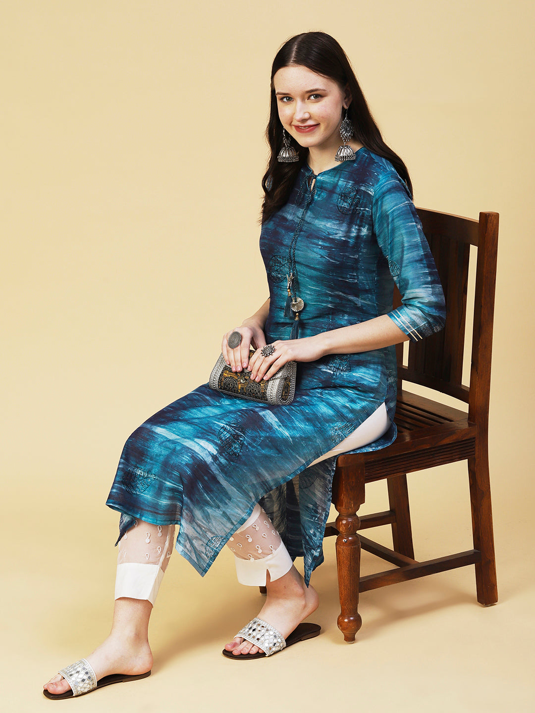 Abstract Stripes Printed Straight Fit Kurta - Teal