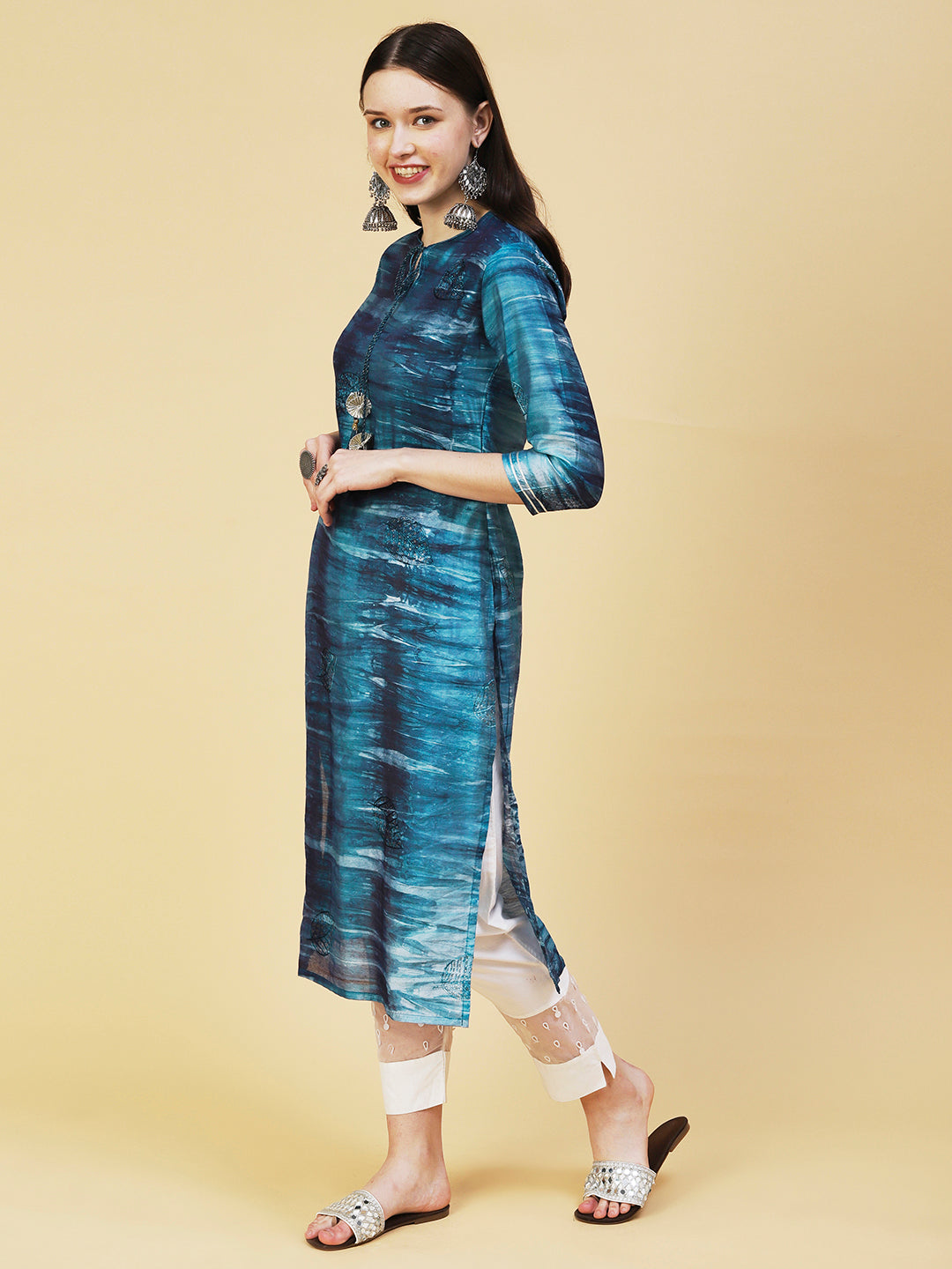 Abstract Stripes Printed Straight Fit Kurta - Teal