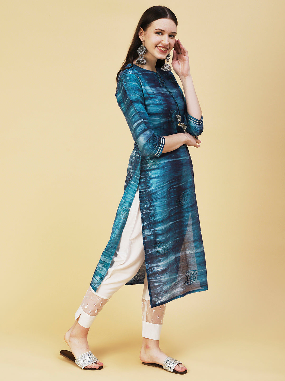 Abstract Stripes Printed Straight Fit Kurta - Teal