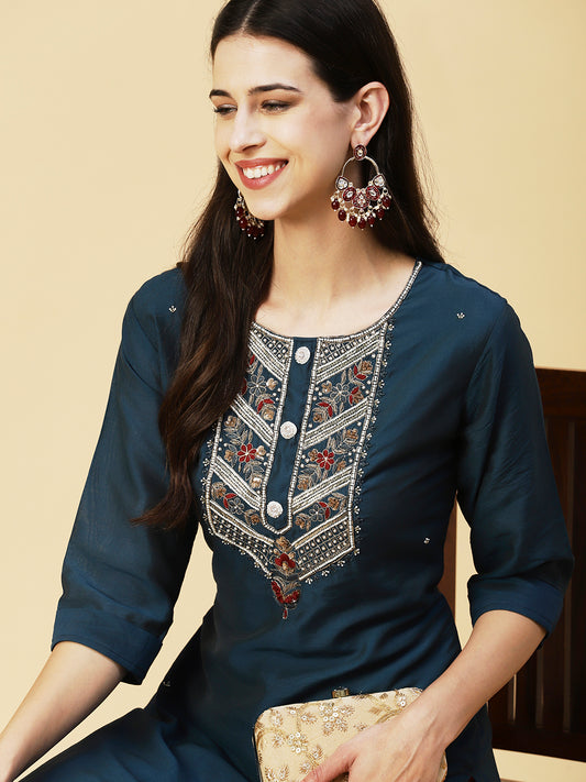 Solid Hand Embroidered Kurta - Teal