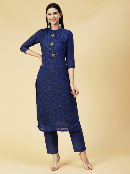 Solid Resham & Sequins Embroidered Kurta With Pants & Bandhani Dupatta - Blue