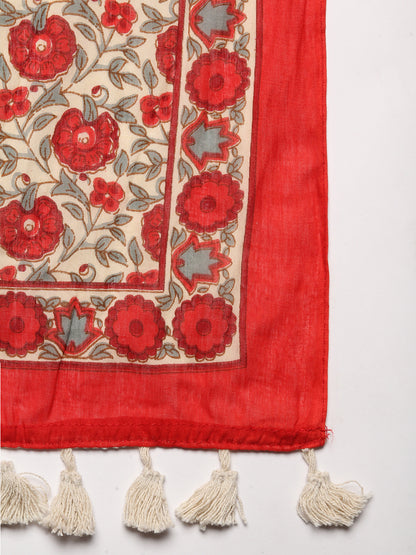 Floral Printed Resham & Sequins Ornamented Kurta With Pants & Dupatta - Cream & Red