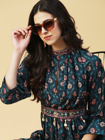 Multi Printed Embroidered Short Kurta With Pants & Mirror Embroidered Belt - Blue