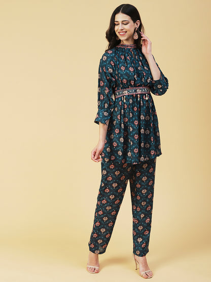 Multi Printed Embroidered Short Kurta With Pants & Mirror Embroidered Belt - Blue