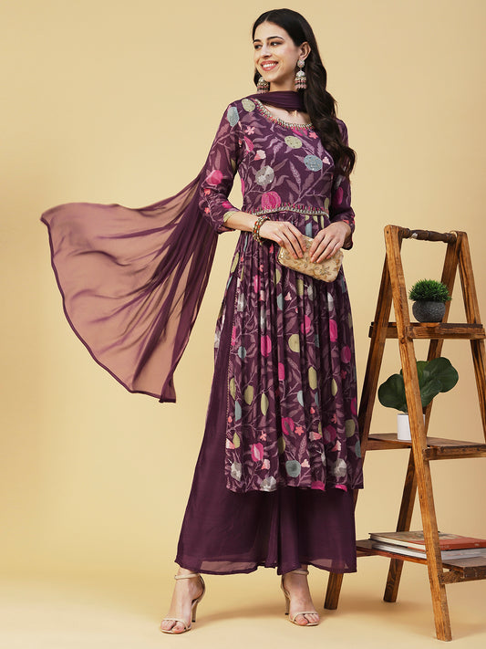 Floral hand Embroidered High Slit Gathered kurta With Palazzo & Dupatta - Mauve