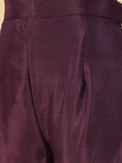 Floral hand Embroidered High Slit Gathered kurta With Palazzo & Dupatta - Mauve
