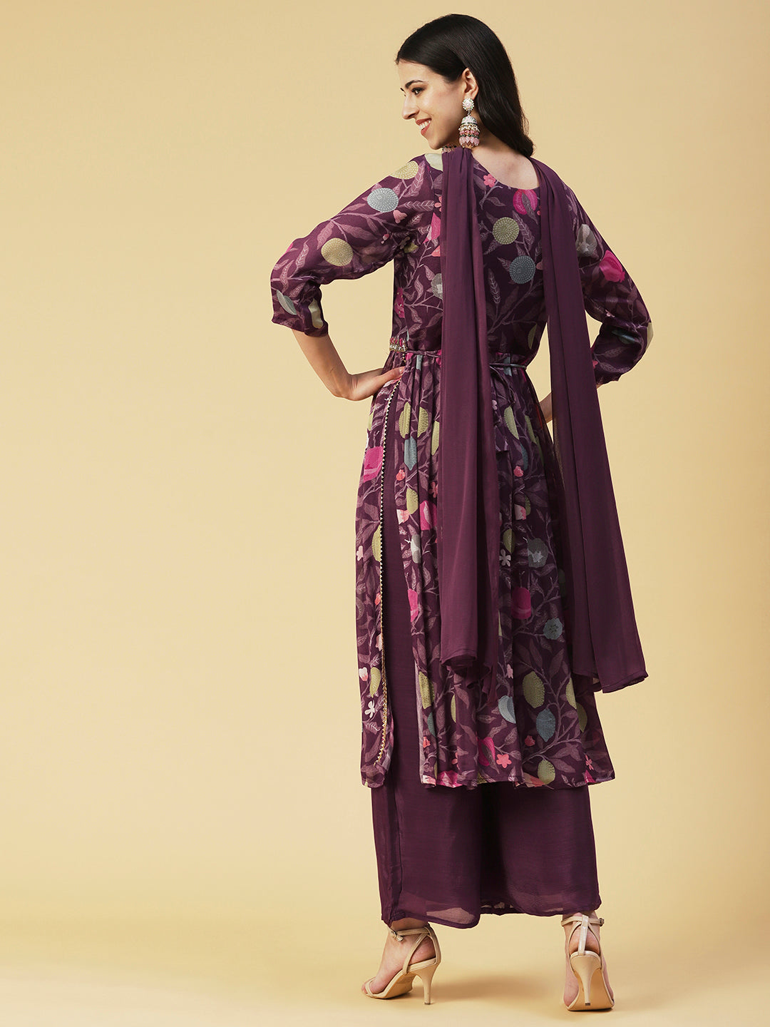 Floral hand Embroidered High Slit Gathered kurta With Palazzo & Dupatta - Mauve