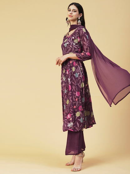Floral hand Embroidered High Slit Gathered kurta With Palazzo & Dupatta - Mauve