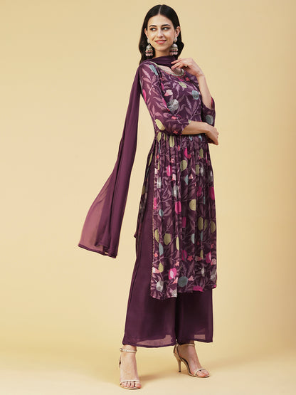 Floral hand Embroidered High Slit Gathered kurta With Palazzo & Dupatta - Mauve