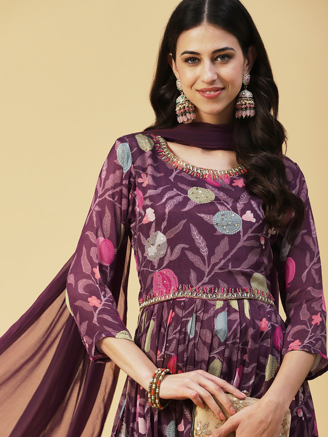 Floral hand Embroidered High Slit Gathered kurta With Palazzo & Dupatta - Mauve