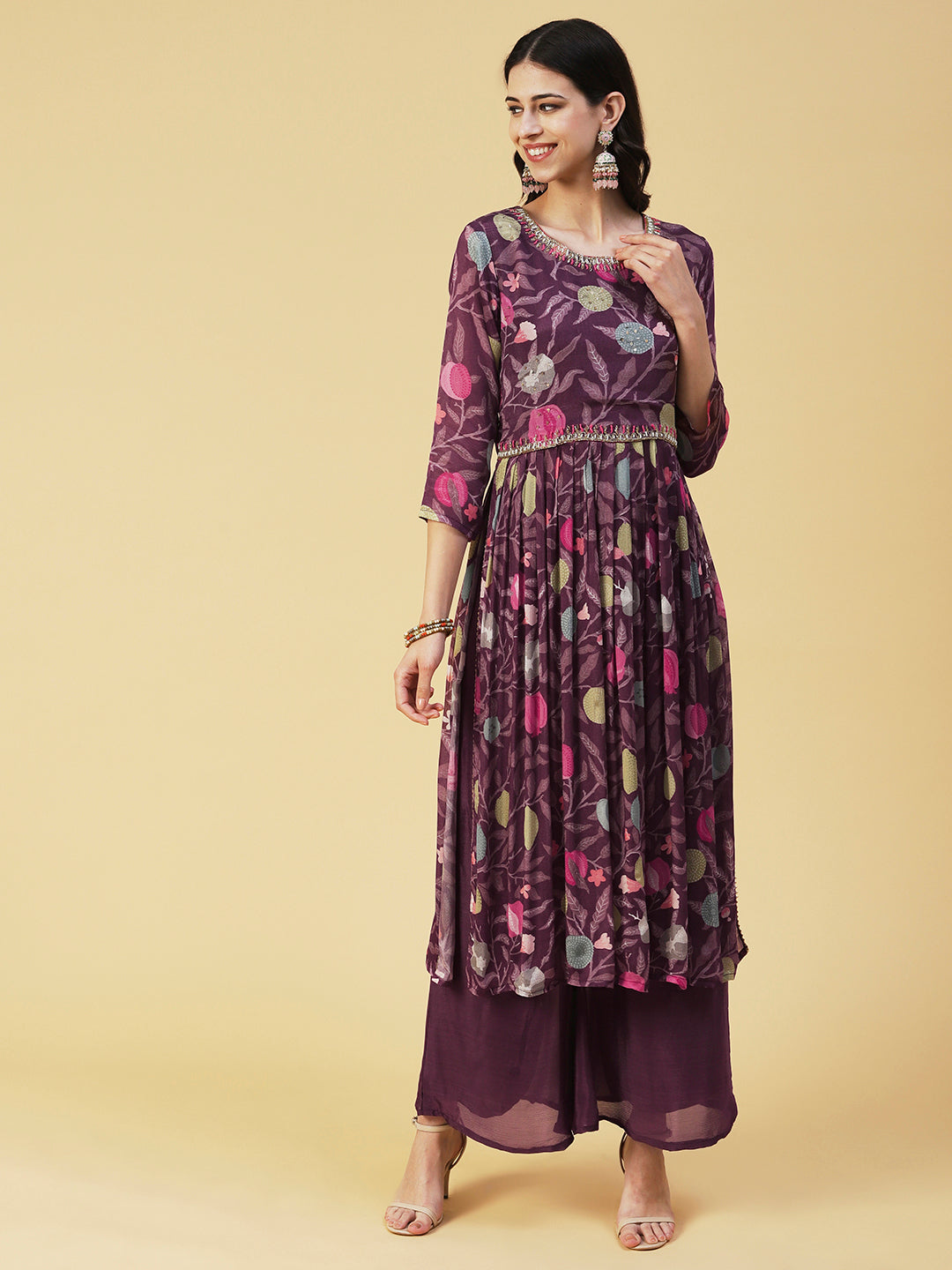 Floral hand Embroidered High Slit Gathered kurta With Palazzo & Dupatta - Mauve