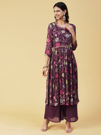 Floral hand Embroidered High Slit Gathered kurta With Palazzo & Dupatta - Mauve