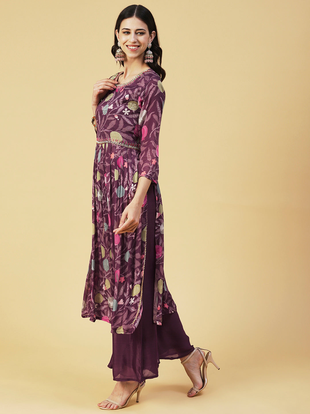 Floral hand Embroidered High Slit Gathered kurta With Palazzo & Dupatta - Mauve
