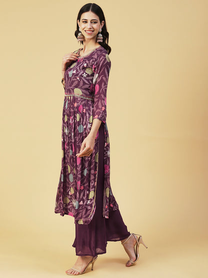 Floral hand Embroidered High Slit Gathered kurta With Palazzo & Dupatta - Mauve