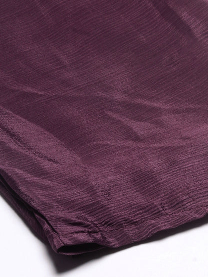 Floral hand Embroidered High Slit Gathered kurta With Palazzo & Dupatta - Mauve