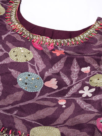 Floral hand Embroidered High Slit Gathered kurta With Palazzo & Dupatta - Mauve