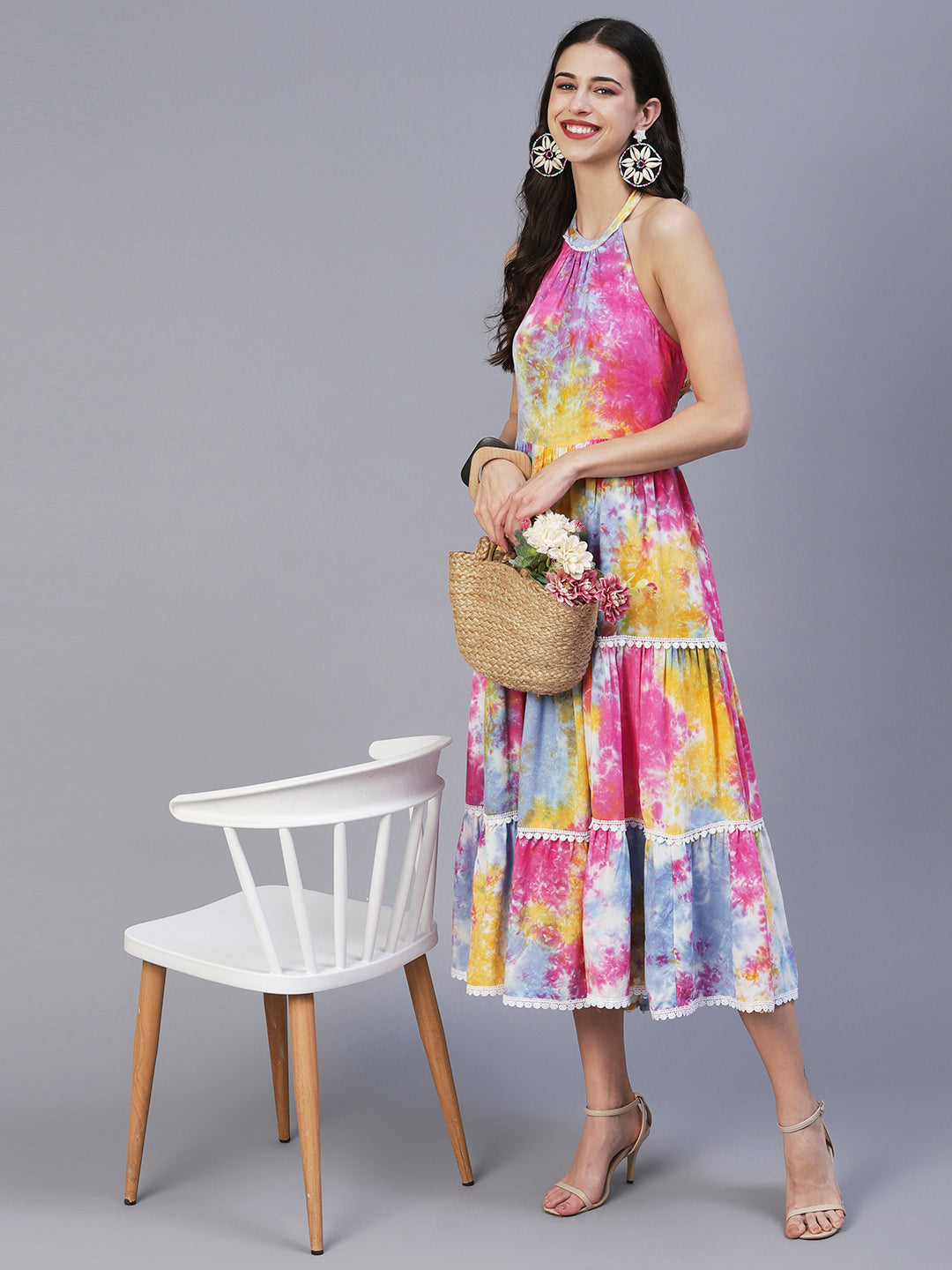 Abstract Tie - Dye Printed Tiered Flared Midi Dress - Multi