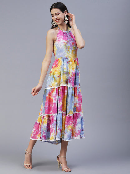 Abstract Tie - Dye Printed Tiered Flared Midi Dress - Multi
