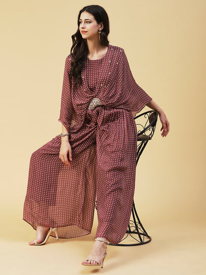 Polka Dot Printed & Hand Embroidered Fit & Flare Maxi Dress - Brown