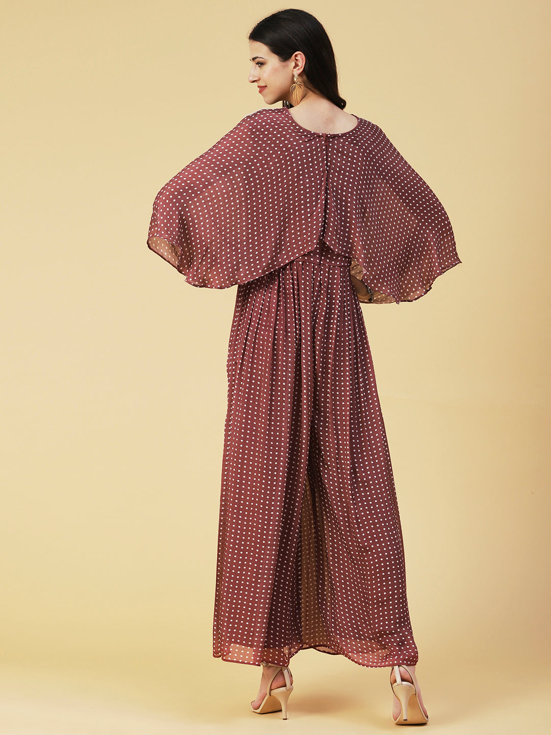 Polka Dot Printed & Hand Embroidered Fit & Flare Maxi Dress - Brown