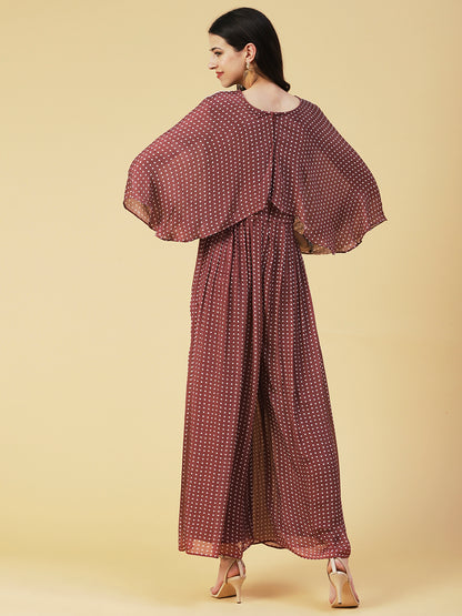 Polka Dot Printed & Hand Embroidered Fit & Flare Maxi Dress - Brown