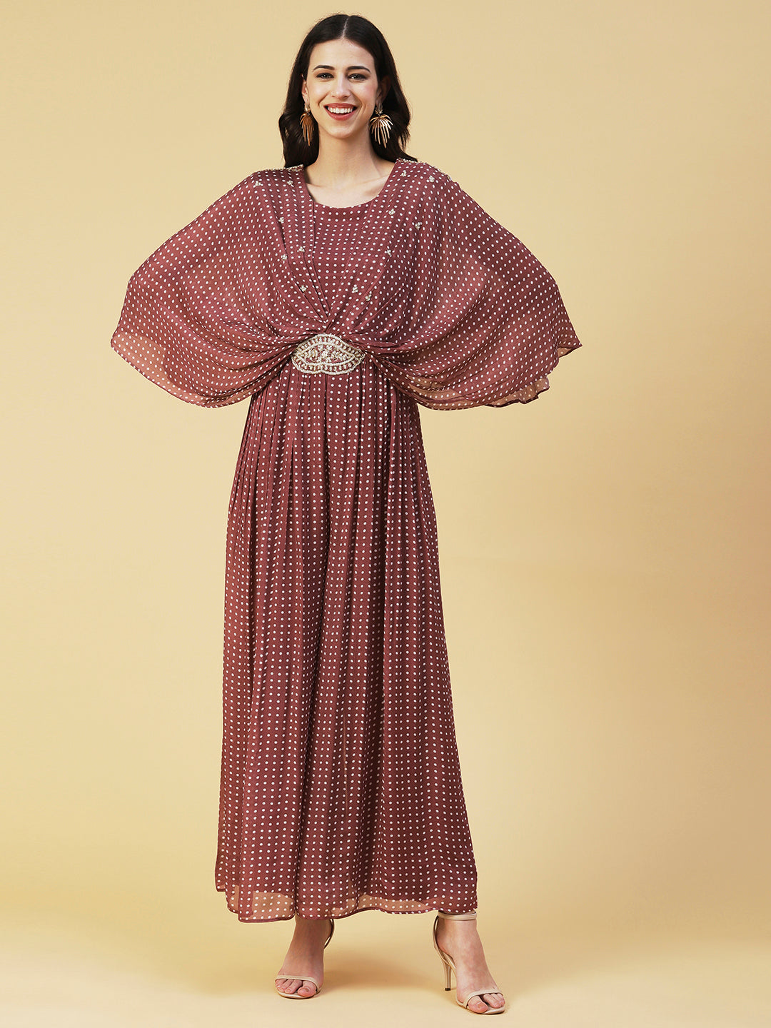 Polka Dot Printed & Hand Embroidered Fit & Flare Maxi Dress - Brown