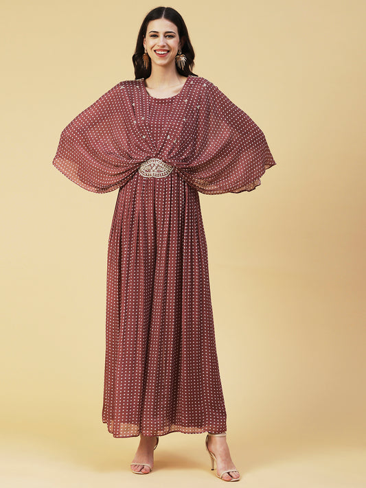 Polka Dot Printed & Hand Embroidered Fit & Flare Maxi Dress - Brown