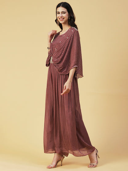 Polka Dot Printed & Hand Embroidered Fit & Flare Maxi Dress - Brown